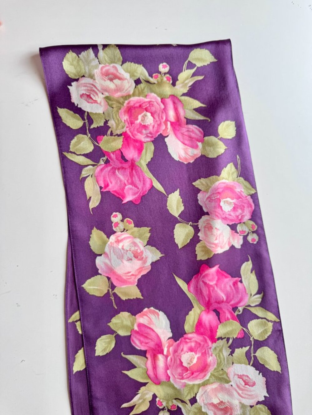 Vintage ECHO Purple Pink Floral Print Silk Charmeuse 59" x 9.5" Rectangle Scarf - Picture 4 of 9